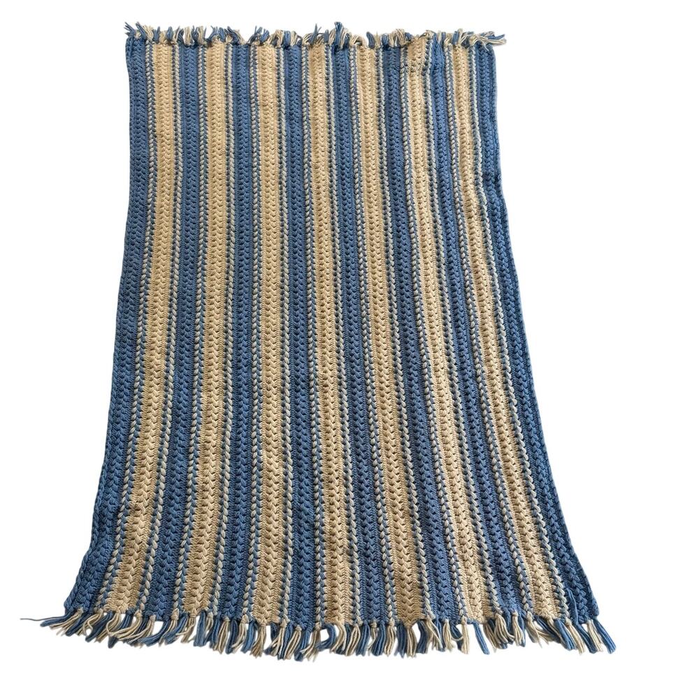 Blue Ivory Striped Fringed Hand Crochet Acrylic Throw Lap Blanket Afghan 36x68"